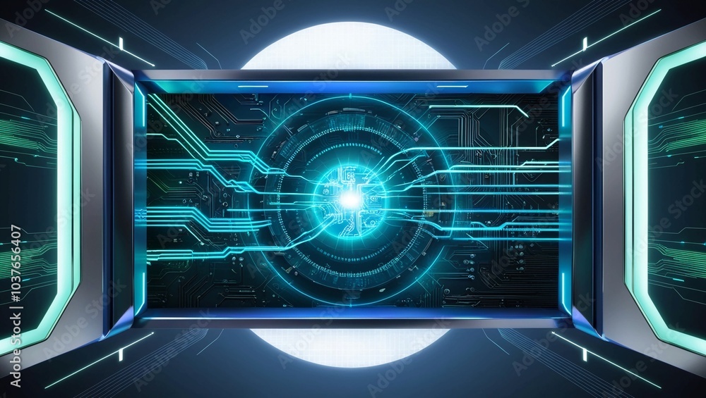 Poster futuristic technology eye scan interface with digital circuit visualization