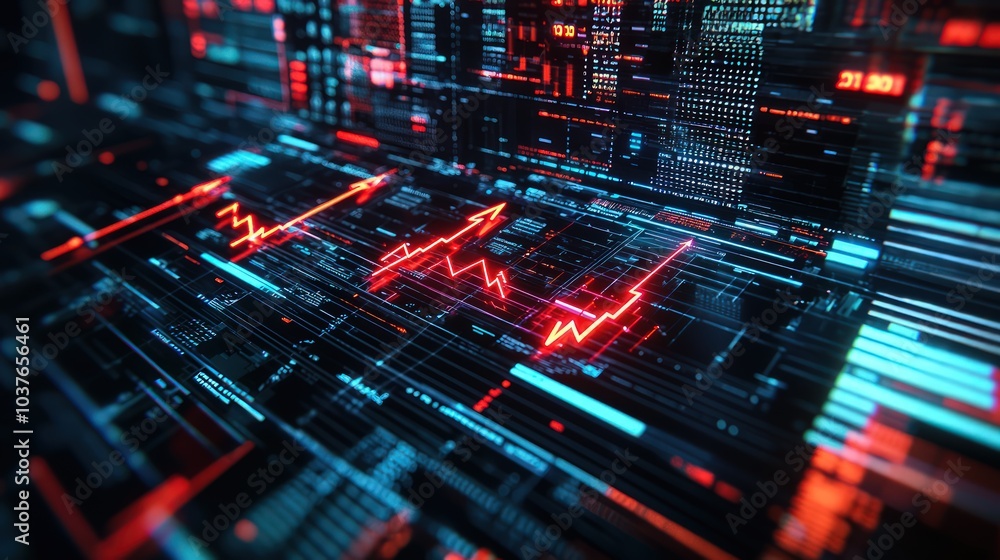Poster a high-tech graph featuring triple arrows on a futuristic backdrop, emphasizing investment and finan