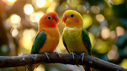 Fototapeta premium Two colorful lovebirds perched on a branch with a bokeh background, showcasing affection and togetherness.