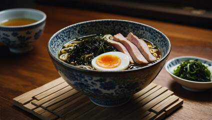 Traditional Japanese ramen with sliced pork, seaweed, and a boiled egg, placed in a ceramic bowl with broth.