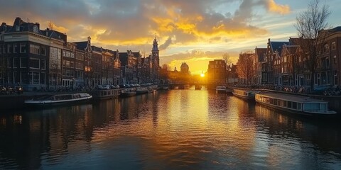 Fototapeta premium The picturesque canals of Amsterdam, lined with charming houses, reflect the golden glow of the setting sun. The River Amstel flows through the heart of the city, adding to its timeless beauty.