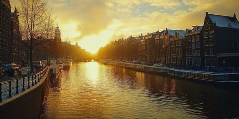 Fototapeta premium The picturesque canals of Amsterdam, lined with charming houses, reflect the golden glow of the setting sun. The River Amstel flows through the heart of the city, adding to its timeless beauty.