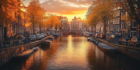 The picturesque canals of Amsterdam, lined with charming houses, reflect the golden glow of the setting sun. The River Amstel flows through the heart of the city, adding to its timeless beauty.