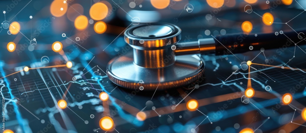 Poster stethoscope on a digital background with glowing abstract shapes and lines, representing technology 