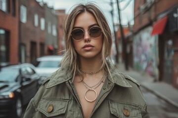 Fototapeta premium A Blonde Woman in a Green Jacket with Round Sunglasses and Silver Necklaces