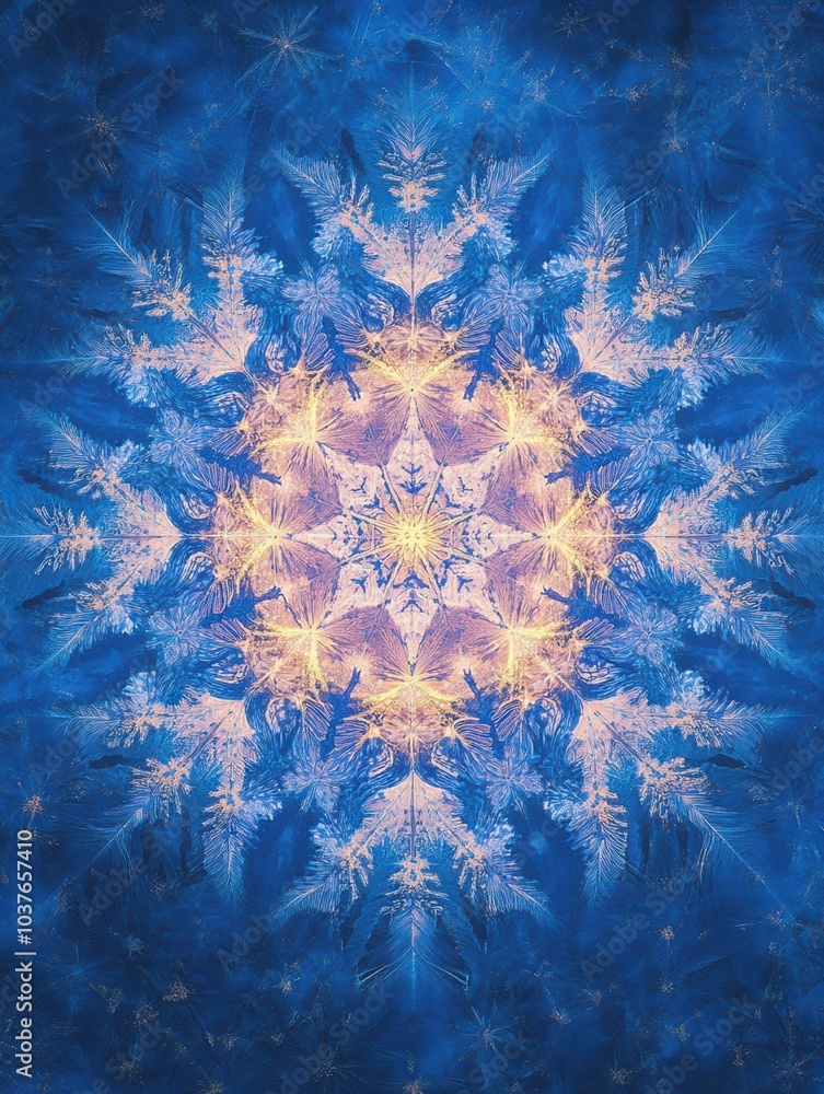 Aufkleber A dazzling display of abstract snowflakes radiates intricate designs, illuminating the deep blue backdrop with a magical glow. Generative AI