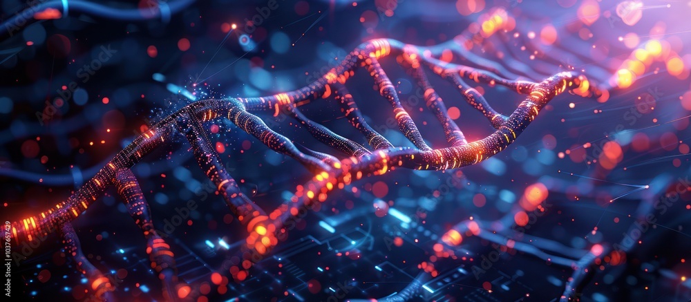 Aufkleber abstract glowing red dna helix on blue background with bokeh effect.