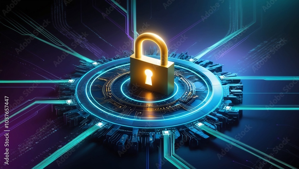 Poster cybersecurity with glowing lock icon in data network
