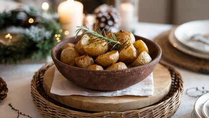 Crispy roast potatoes, christmas dinner, festive decorations, holiday feast, homemade meal, new year celebration, heartwarming dish