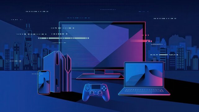 Cyber Monday illustration with smartphones, laptops, and urban city skyline