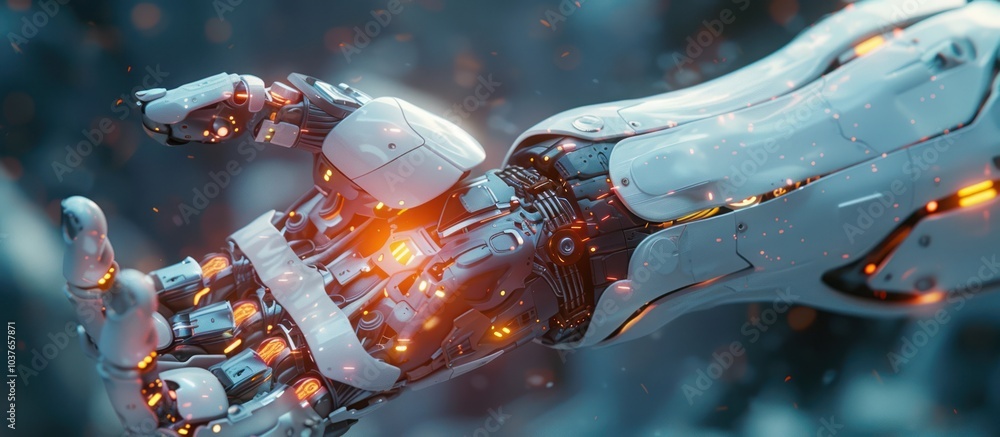 Poster a close-up of a robotic hand with glowing lights and intricate gears, showcasing the complex design 