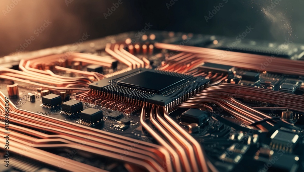 Poster closeup of a bright golden circuit board with intricate pathways, representing advanced technology a
