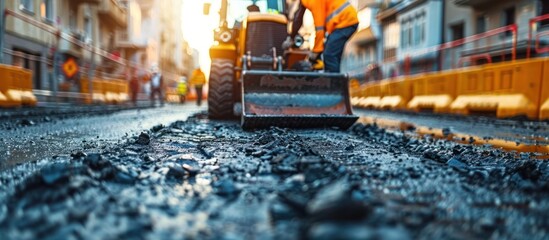A close-up shot of a construction worker using a small excavator to break up asphalt on a city street.