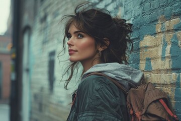 A Young Woman Leans Against a Brick Wall with a Backpack