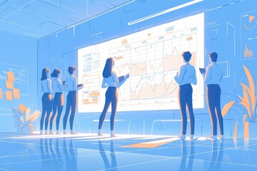 Obraz premium Professional Team Analyzing Data in Futuristic Conference Room