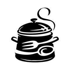 Cooking icon. Food, culinary arts, dinner logo badge. Saucepan with lid and cutlery spoon fork vector illustration