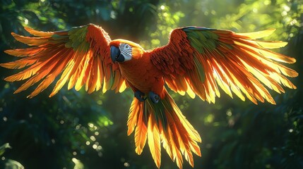 A vibrant macaw with stunning orange and green feathers soars through a sunlit, lush tropical jungle, showcasing its majestic wings.