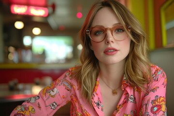 Obraz premium A woman with long blonde hair wearing glasses and a pink floral shirt