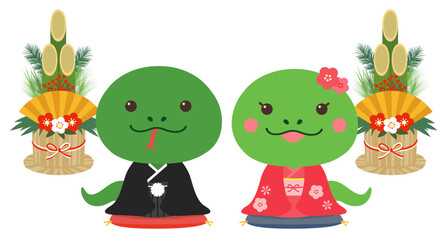 年賀状素材 巳年 蛇の夫婦イラスト（着物）
