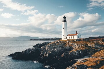 Naklejka premium Scenic coastal lighthouse under cloudy sky on rocky shoreline at dusk