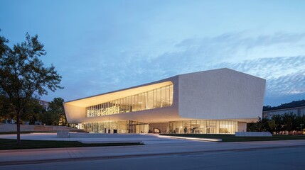 Obraz premium Modern architectural masterpiece at twilight showcasing sleek design and glass facade