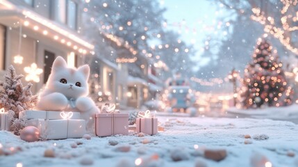 Adorable white kitten on gift boxes in snowy Christmas street scene