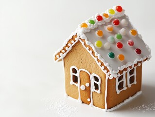 Festive gingerbread house decorated with colorful candies and icing on white background