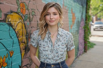 Naklejka premium Woman in Floral Shirt Standing by a Painted Brick Wall