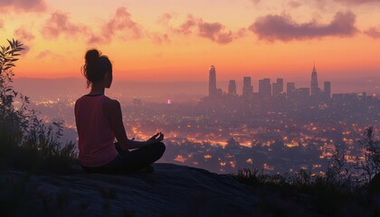 A woman meditates on a hilltop at dawn, the cityscape behind her, capturing a moment of peace, balance, and mindfulness.