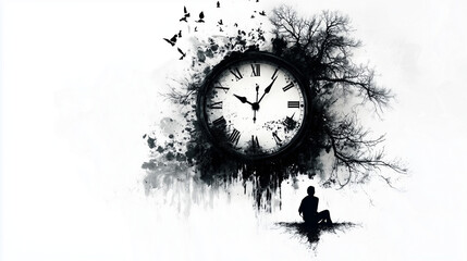 Abstract black and white illustration of time and solitude. Features a vintage clock, silhouette of a person, trees, and birds in flight, symbolizing reflection, passage of time and introspection.