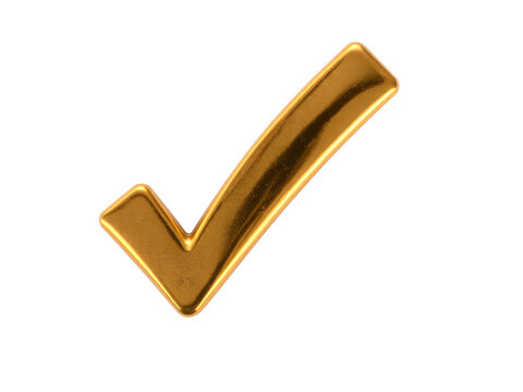 3d golden tick. A shiny gold tick mark, often symbolizing confirmation or correct choice.