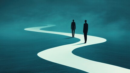 Two silhouetted figures stand on a winding path against a mysterious, foggy backdrop, AI