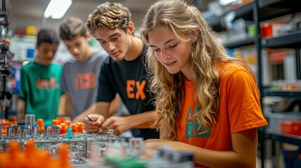Fototapeta premium Four students are working together on a project in a workshop. They are focused and determined.