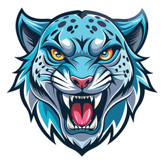 Blue Feline Mascot Head with Spots and Fangs