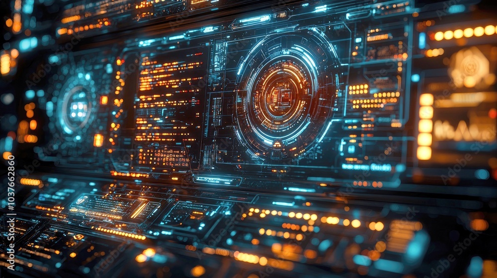 Poster futuristic digital interface with glowing lights and intricate patterns.