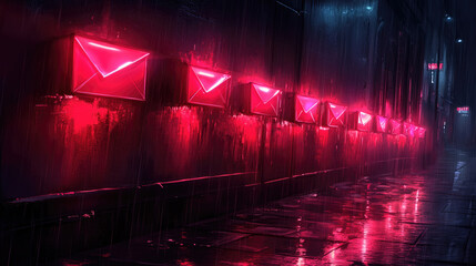 Fototapeta premium A rainy urban street showcases a row of glowing red mailboxes under neon lights, reflecting on the wet pavement at night