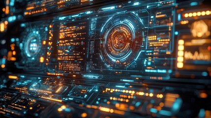 Obraz premium Futuristic digital interface with glowing lights and intricate patterns.