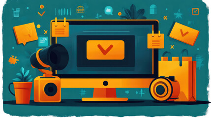 This workspace showcases a computer, camera, and other creative tools surrounded by colorful digital icons representing various activities