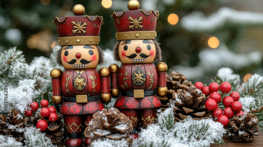 Aufkleber festively dressed nutcracker figurines are displayed with pinecones and red berries, adding a joyful