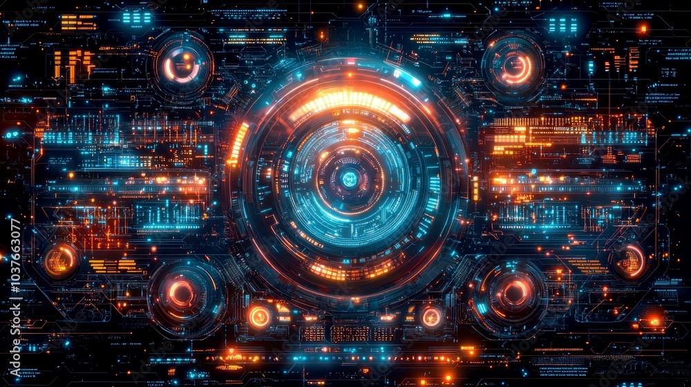 Poster futuristic interface with glowing circles and lines on a dark background.