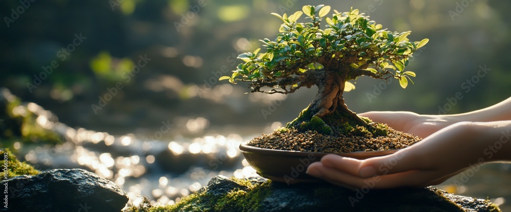Poster a person holding a small bonsai tree with green leaves in front of a small stream.