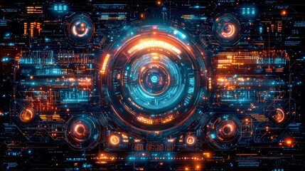 Obraz premium Futuristic interface with glowing circles and lines on a dark background.