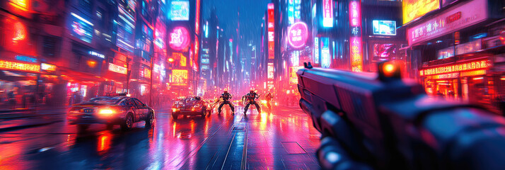 Vibrant neon lights illuminate a futuristic street where a tense confrontation unfolds between armed figures and vehicles under a dark, rainy sky