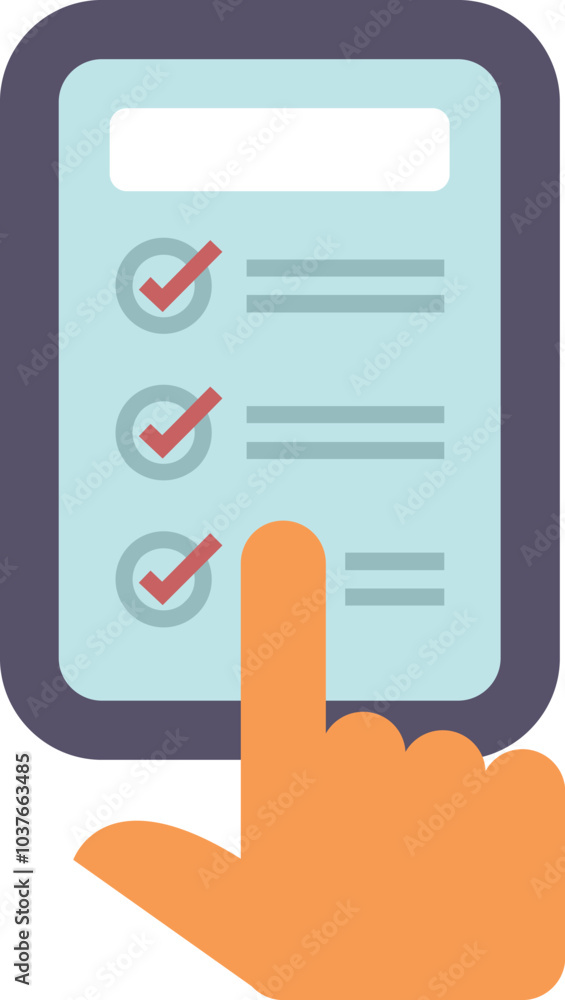 Poster hand holding mobile phone with checklist on screen and checking task