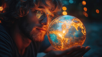 Fototapeta premium A young man holds a glowing globe, contemplating its details while surrounded by soft lights during the evening