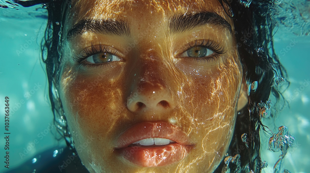 Poster a young person gazes upward while submerged in clear water, sunlight creating mesmerizing patterns o