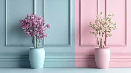 Fototapeta premium Beautiful pastel-colored flower arrangements sit in elegant vases against two-tone walls, creating a serene and stylish atmosphere