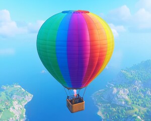 Fototapeta premium A vibrant rainbow hot air balloon soaring above a serene landscape, offering a captivating view of the horizon.