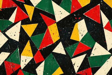Fototapeta premium Abstract Geometric Pattern with Red, Yellow, Green, and Black Triangles on a Black Background with White Specks