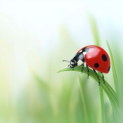 Obraz premium A vibrant red ladybug perched on a green blade of grass, capturing the beauty of nature in a soft, serene setting.